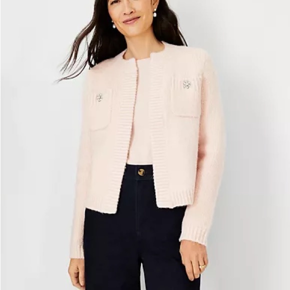 ANN TAYLOR Light Pink Jeweled Button Sweater Jacket Chanel Cardigan XS Petite - Picture 5 of 11